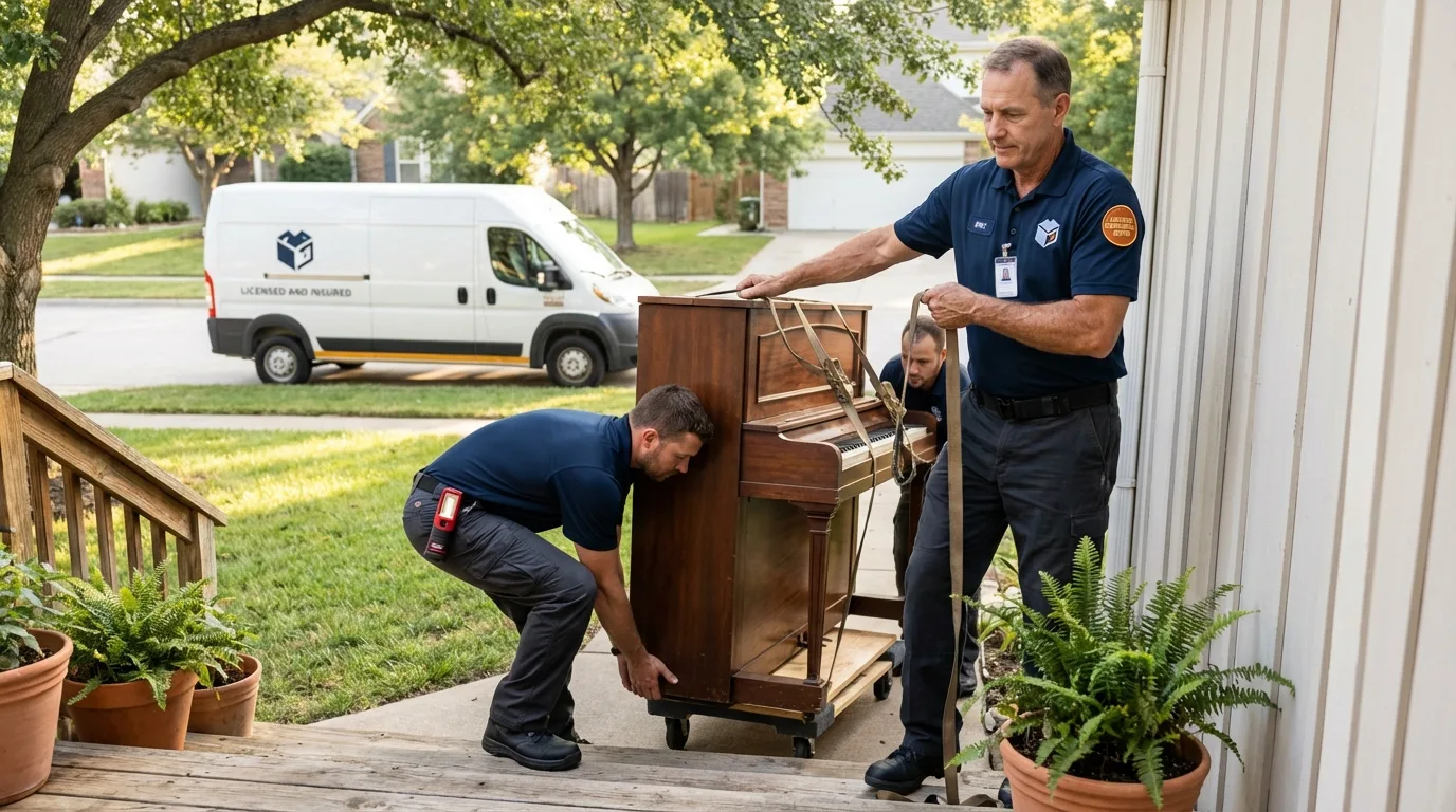 Licensed piano movers securing grand piano in Carlstadt, NJ
