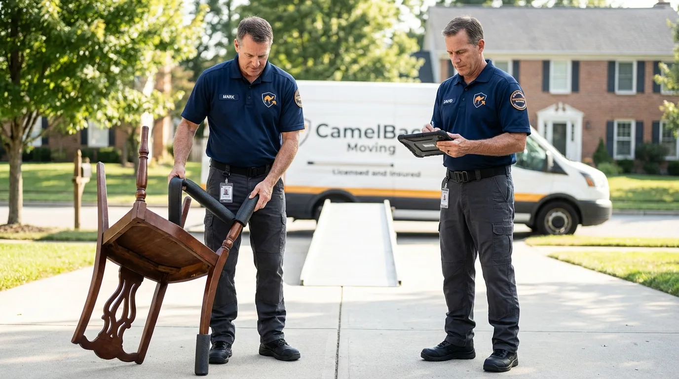 Movers inspecting furniture for damage prevention before loading in Carlstadt, NJ
