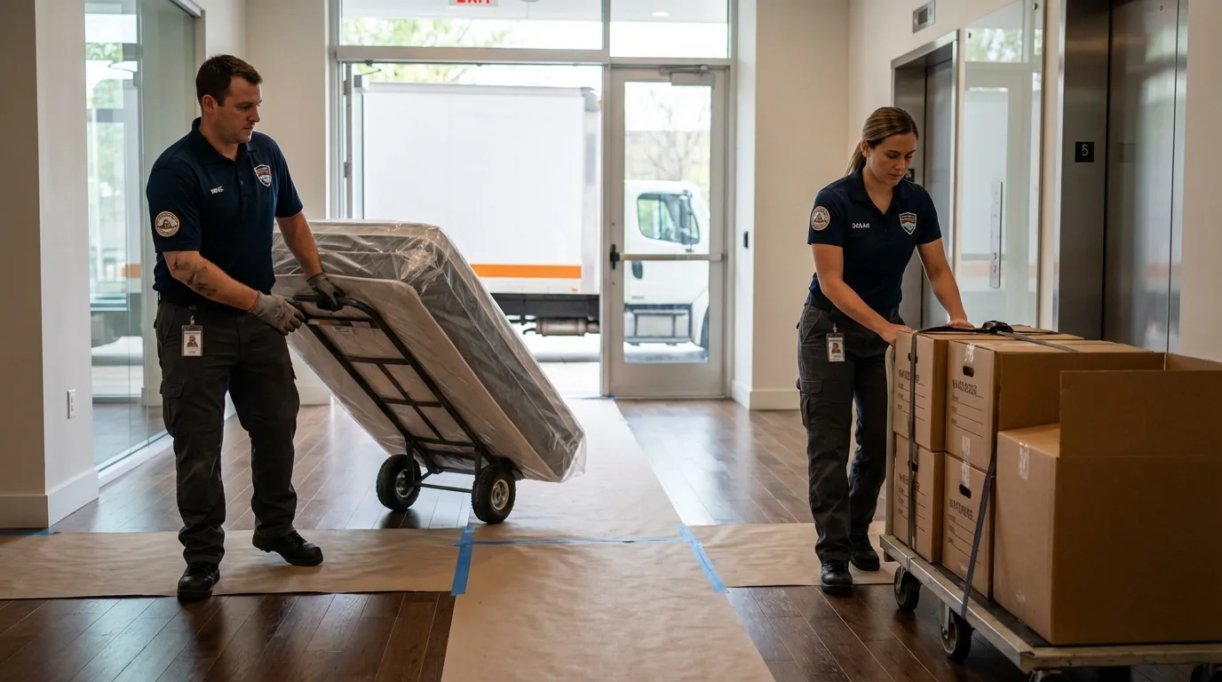 Professional apartment movers loading elevator in Carlstadt, NJ