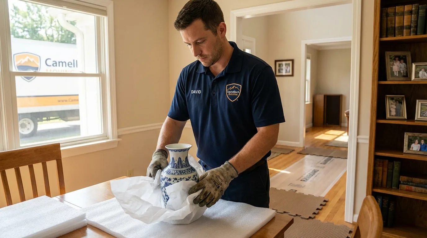 Professional crew carefully wrapping antique vase for senior downsizing move in Carlstadt, NJ
